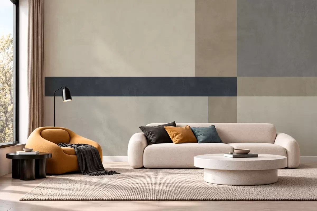 fototapeter Geometrisk sammensetning av beige og grå blokker med en mørk stripe w05891v3