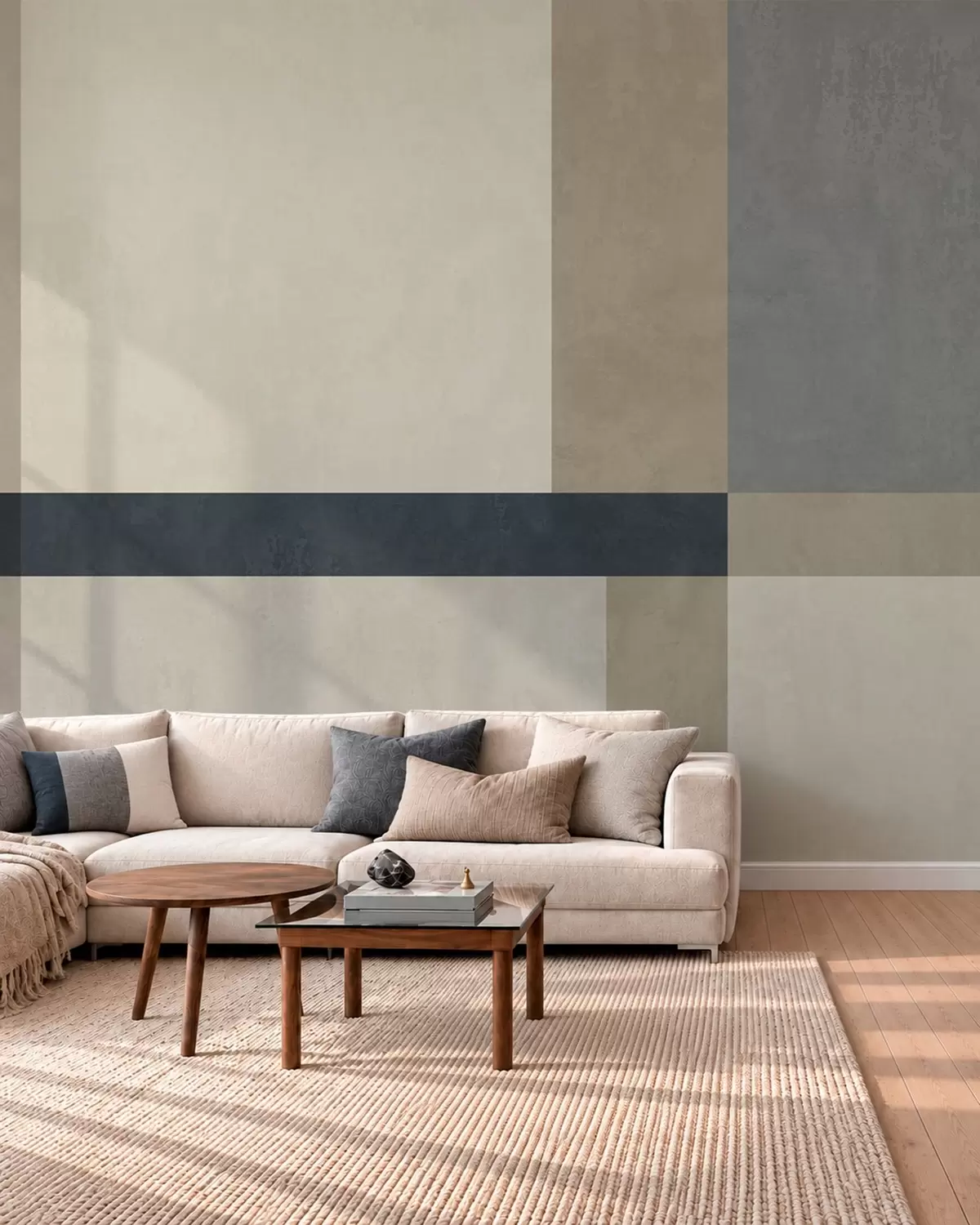 fototapeter Geometrisk sammensetning av beige og grå blokker med en mørk stripe w05891v3