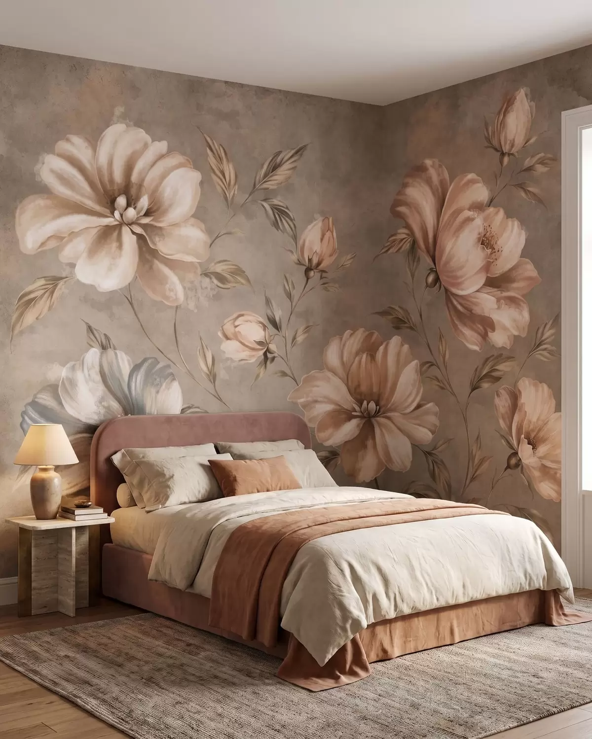 fototapeter Store kremfargede og beige blomster med blader w05958