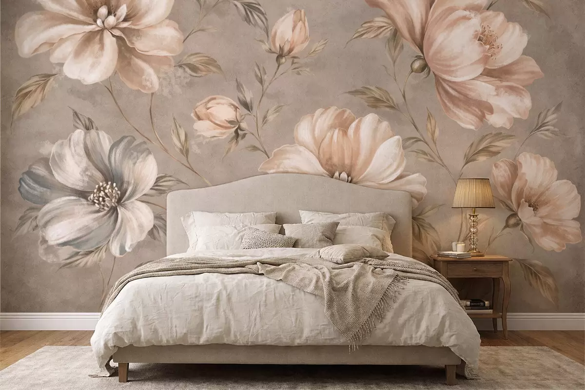 fototapeter Store kremfargede og beige blomster med blader w05958