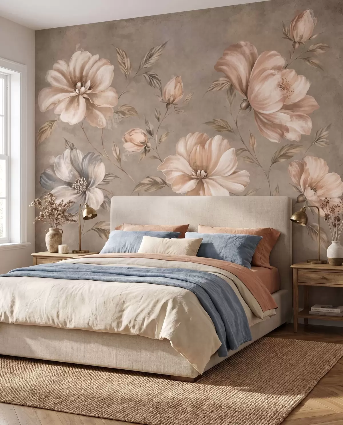 fototapeter Store kremfargede og beige blomster med blader w05958