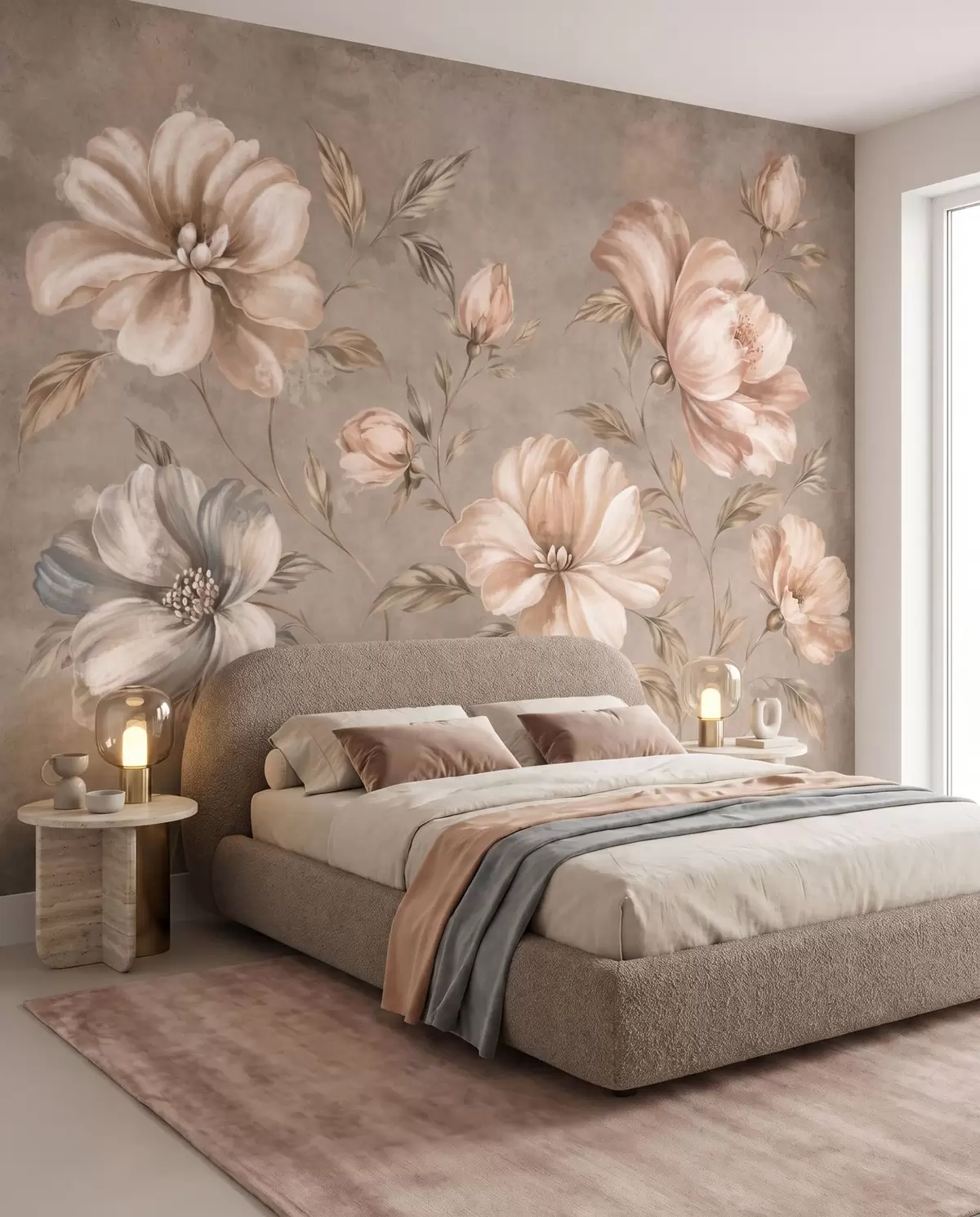 fototapeter Store kremfargede og beige blomster med blader w05958
