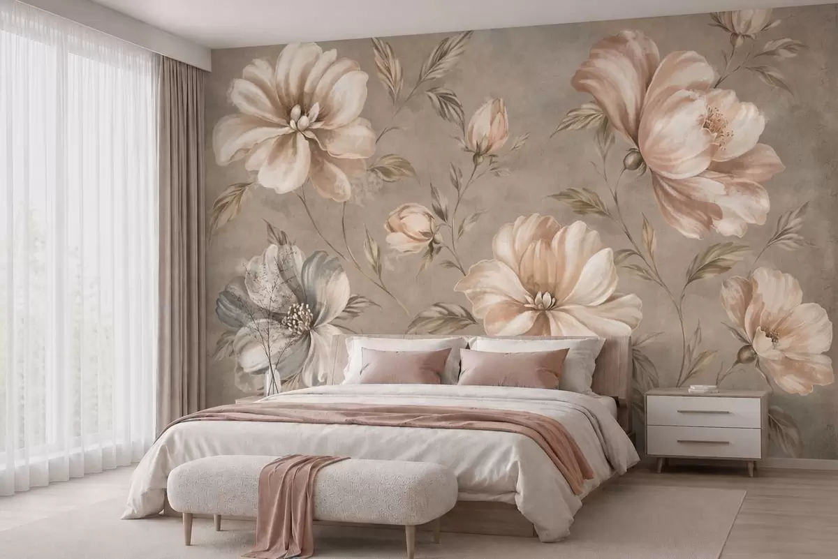 fototapeter Store kremfargede og beige blomster med blader w05958