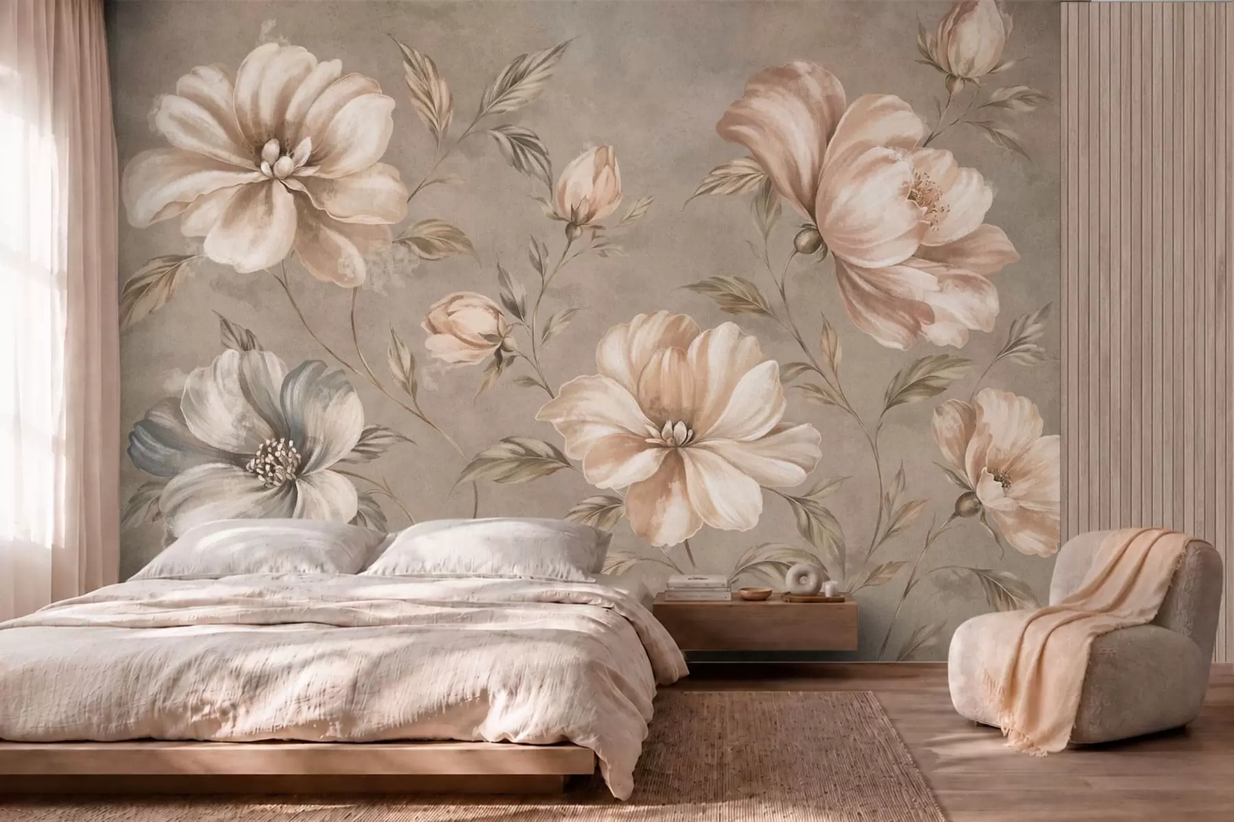 fototapeter Store kremfargede og beige blomster med blader w05958