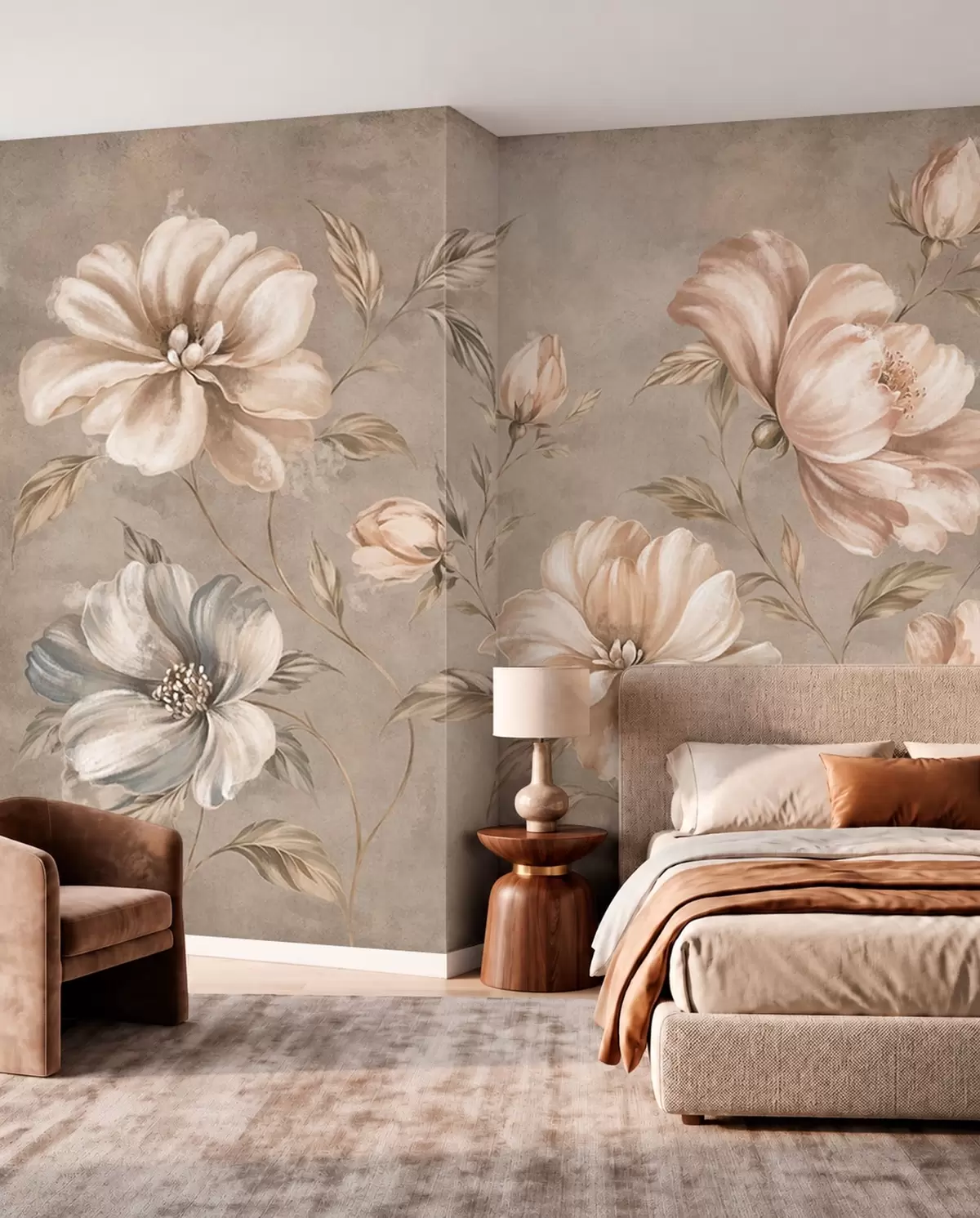 fototapeter Store kremfargede og beige blomster med blader w05958