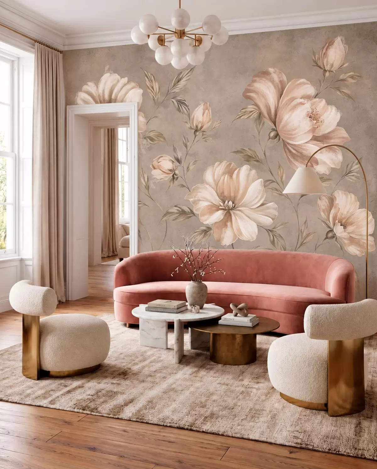 fototapeter Store kremfargede og beige blomster med blader w05958