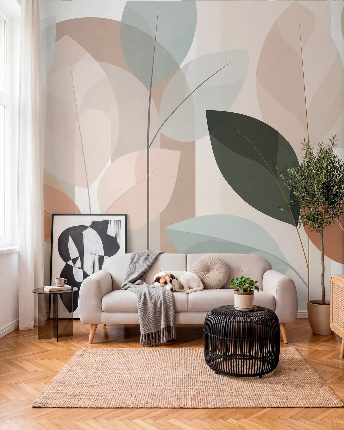 fototapeter et abstrakt mønster med blader i en matt vevet stil, i nyanser av beige, terrakotta og fersken w05986