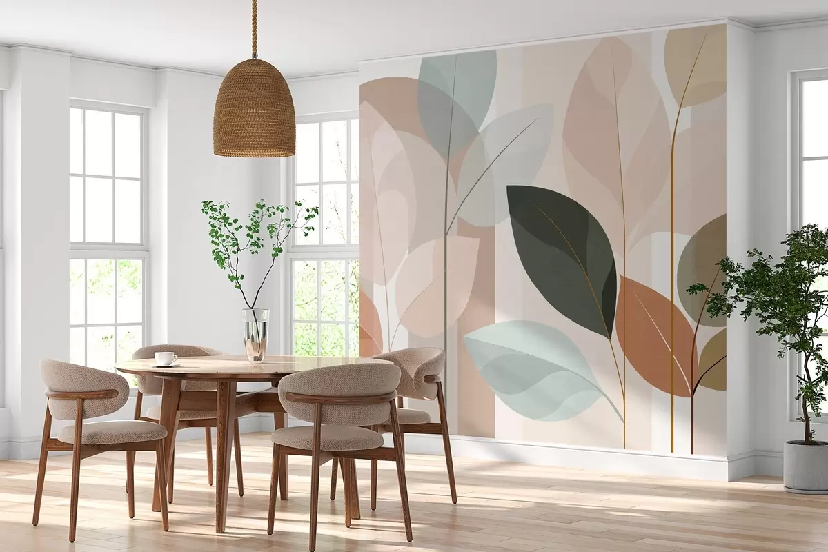 fototapeter et abstrakt mønster med blader i en matt vevet stil, i nyanser av beige, terrakotta og fersken w05986