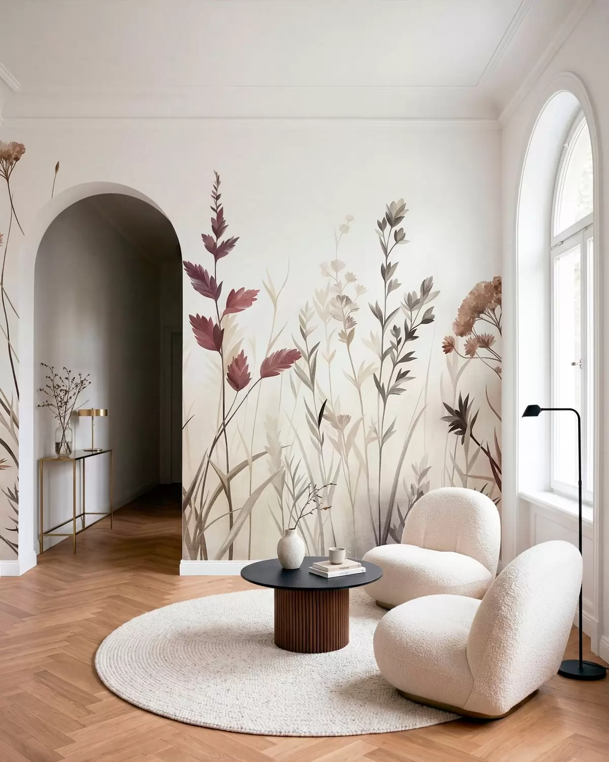 fototapeter Høye ville gress og villblomster i dempede jordfarger, minimalistisk estetikk w10084