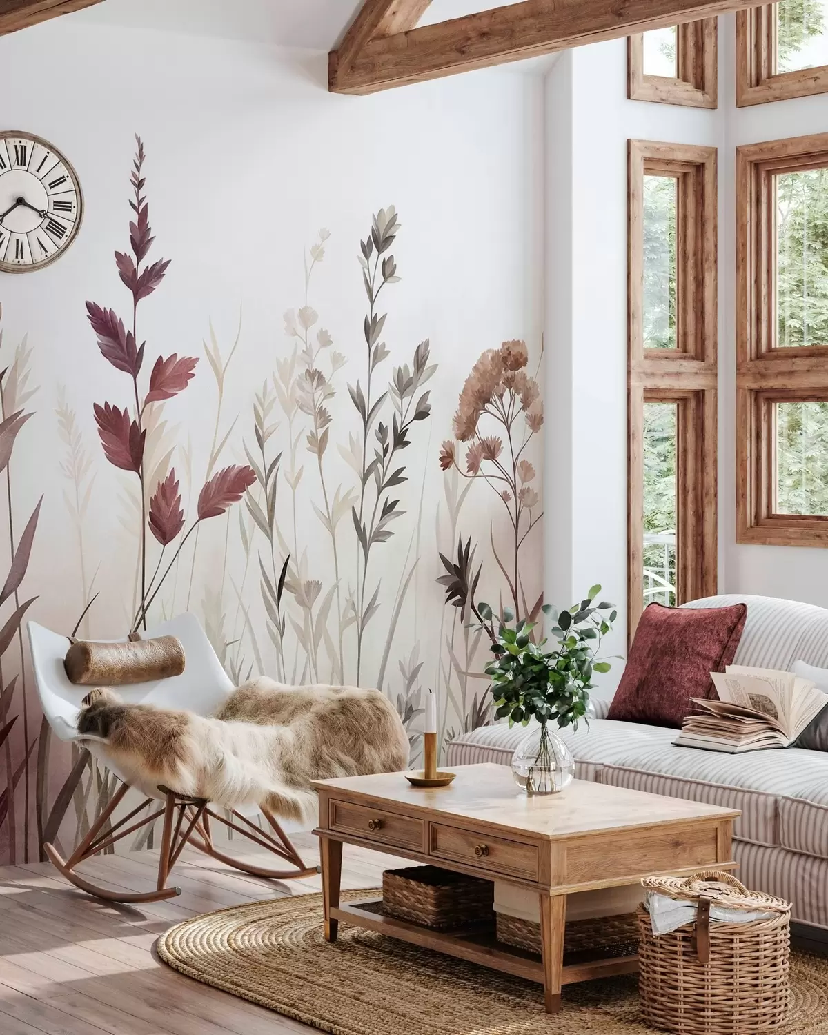 fototapeter Høye ville gress og villblomster i dempede jordfarger, minimalistisk estetikk w10084