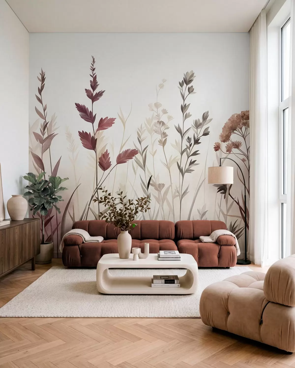 fototapeter Høye ville gress og villblomster i dempede jordfarger, minimalistisk estetikk w10084