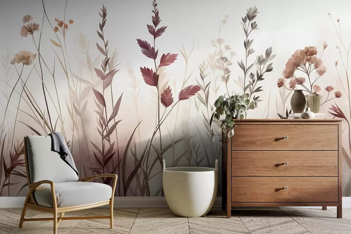 fototapeter Høye ville gress og villblomster i dempede jordfarger, minimalistisk estetikk w10084