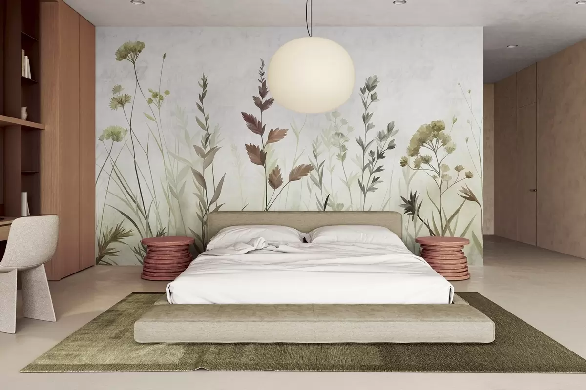 fototapeter Høye ville gressarter og villblomster i dempede grønnfarger, minimalistisk estetikk w10084v1