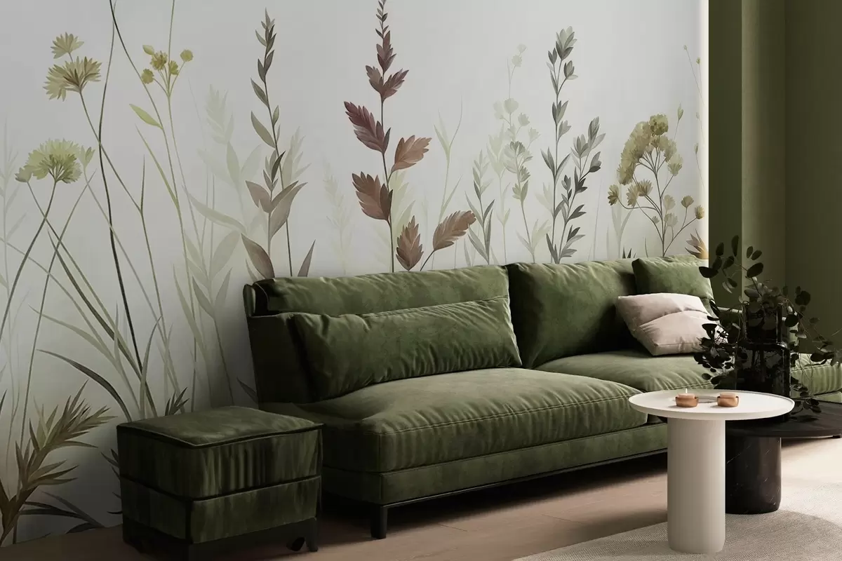 fototapeter Høye ville gressarter og villblomster i dempede grønnfarger, minimalistisk estetikk w10084v1