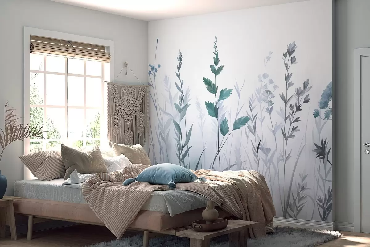 fototapeter Høye ville gress og villblomster i dempede blå nyanser, minimalistisk estetikk w10084v2