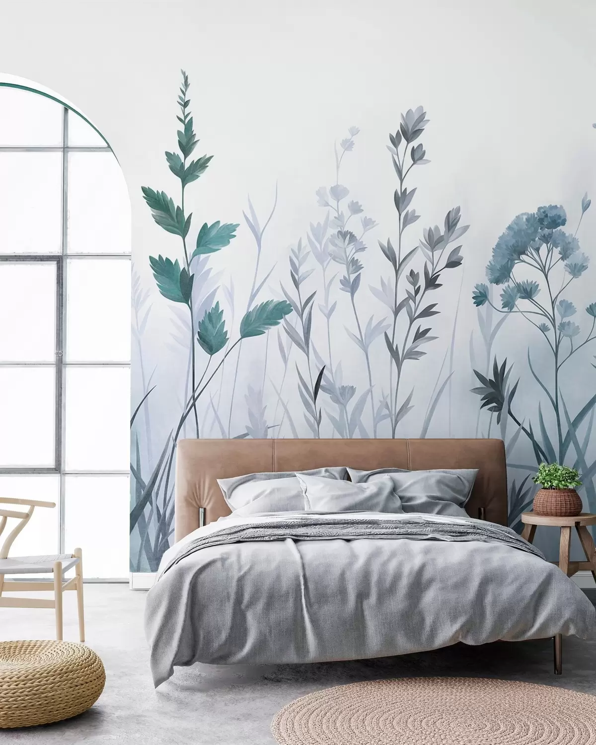 fototapeter Høye ville gress og villblomster i dempede blå nyanser, minimalistisk estetikk w10084v2