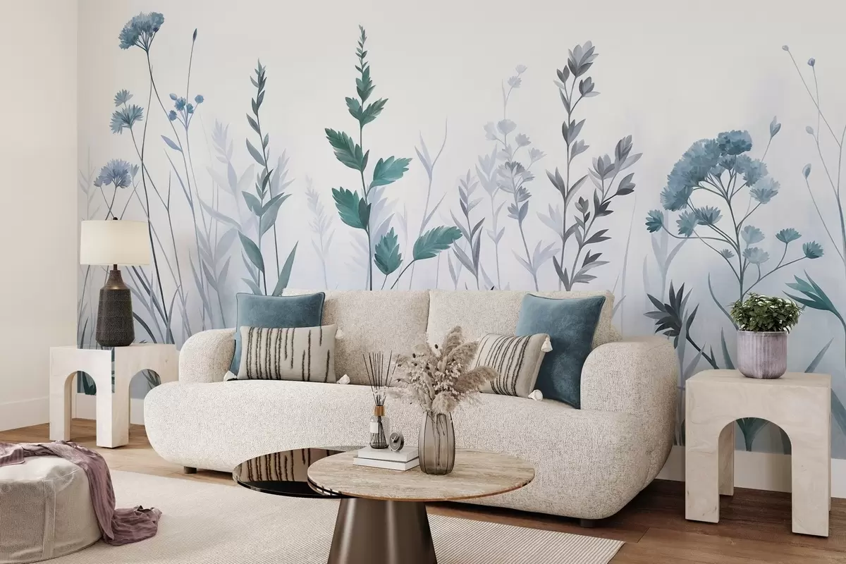 fototapeter Høye ville gress og villblomster i dempede blå nyanser, minimalistisk estetikk w10084v2