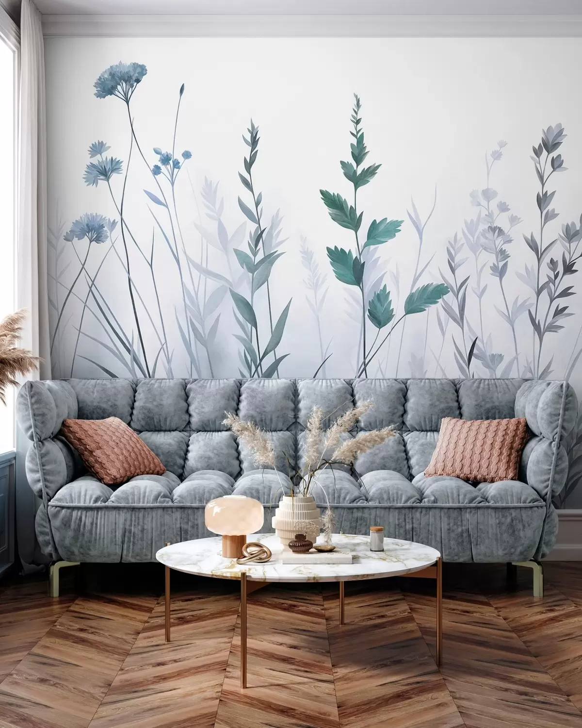 fototapeter Høye ville gress og villblomster i dempede blå nyanser, minimalistisk estetikk w10084v2