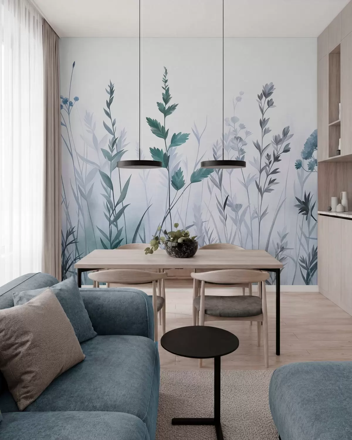 fototapeter Høye ville gress og villblomster i dempede blå nyanser, minimalistisk estetikk w10084v2
