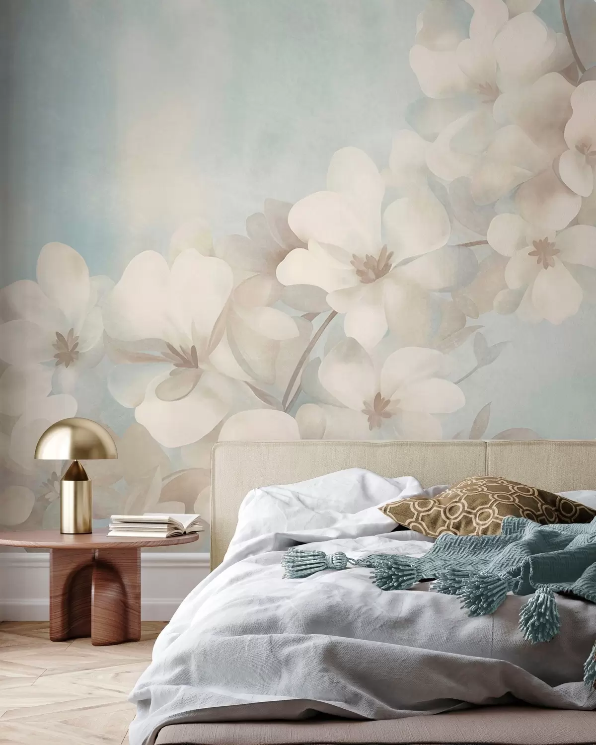 fototapeter Hvite blomster på en gren, myke pastellfarger, lyseblå strukturert bakgrunn w10107