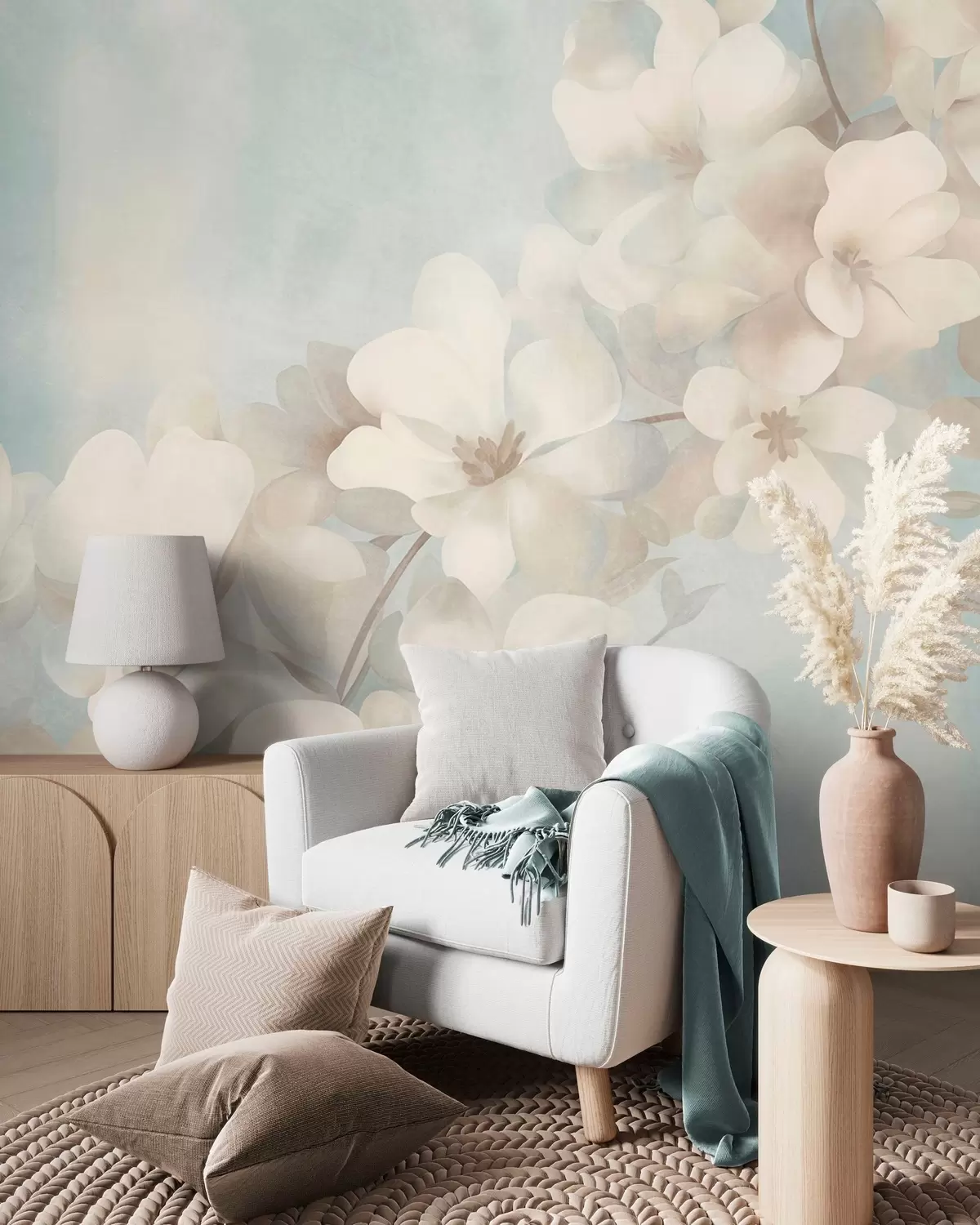 fototapeter Hvite blomster på en gren, myke pastellfarger, lyseblå strukturert bakgrunn w10107