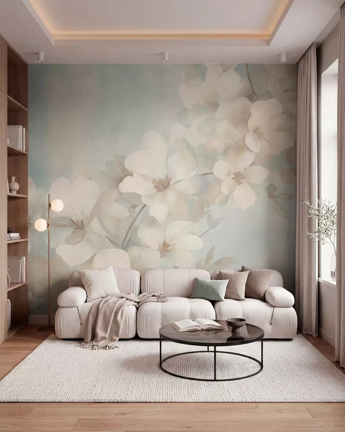 fototapeter Hvite blomster på en gren, myke pastellfarger, lyseblå strukturert bakgrunn w10107