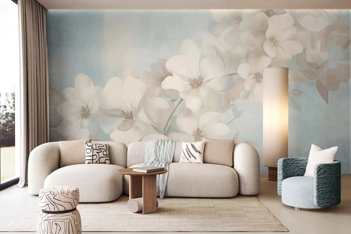 fototapeter Hvite blomster på en gren, myke pastellfarger, lyseblå strukturert bakgrunn w10107
