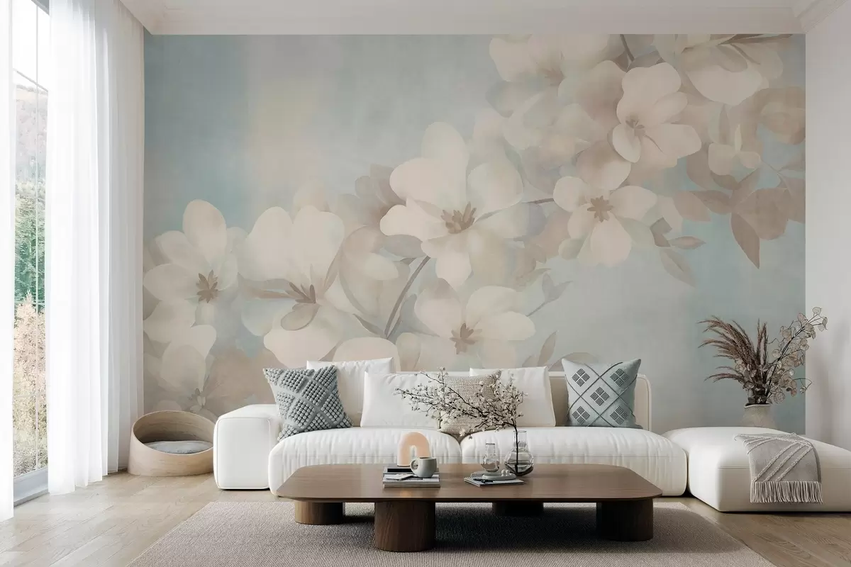 fototapeter Hvite blomster på en gren, myke pastellfarger, lyseblå strukturert bakgrunn w10107