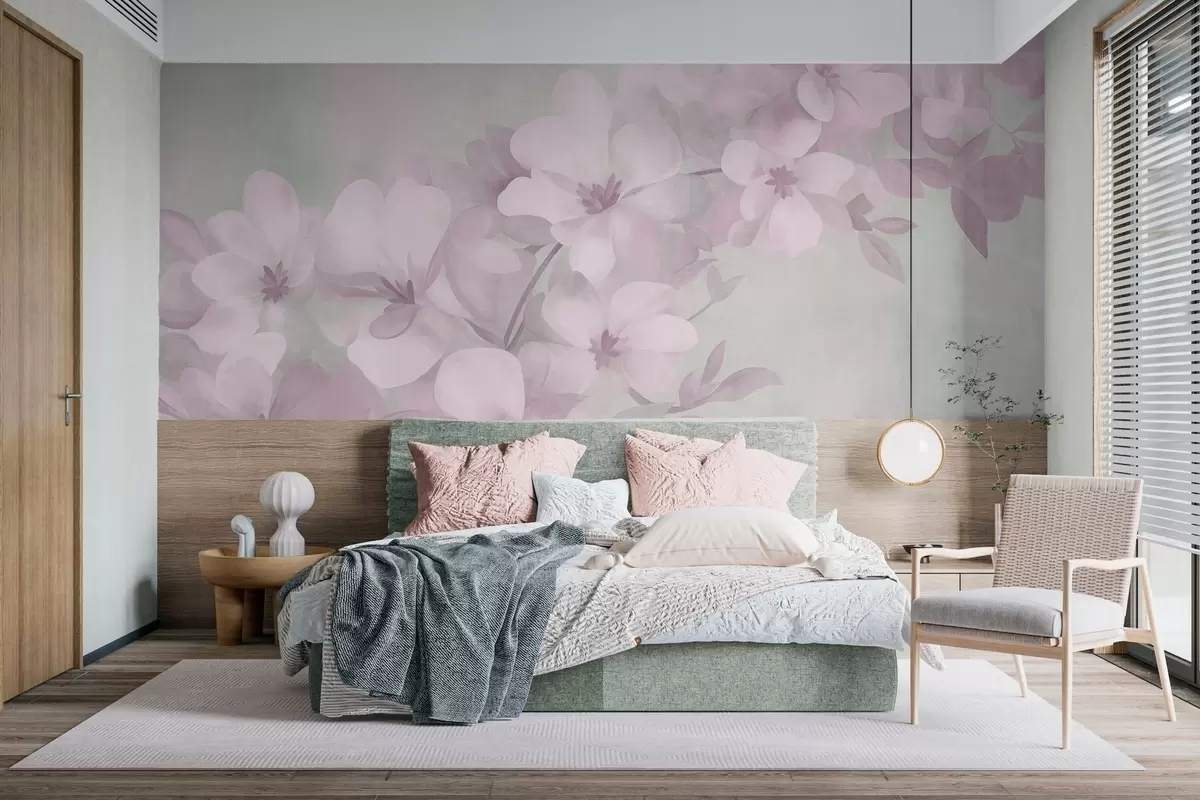 fototapeter Hvite blomster på en gren, myke pastellfarger, lysegrønn strukturert bakgrunn w10107v1