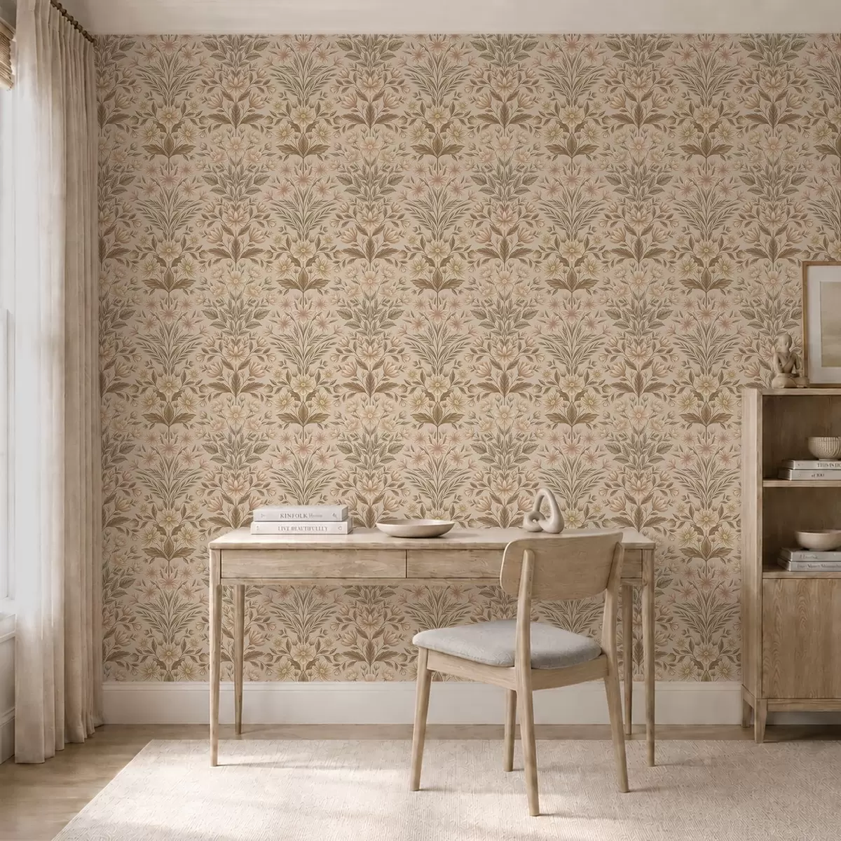 Bakgrunn Ferskenblomster og olivengrønne blader på en beige bakgrunn a01279v1