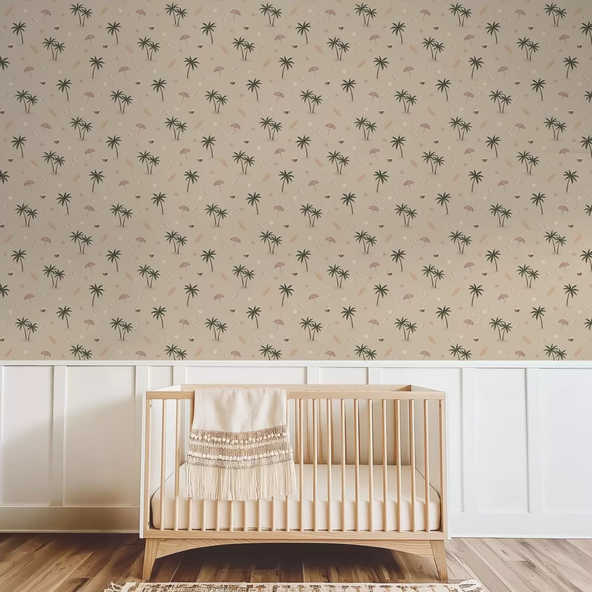 Bakgrunn Tropiske palmer, fugler og rosa parasoller på en beige bakgrunn a01280v2