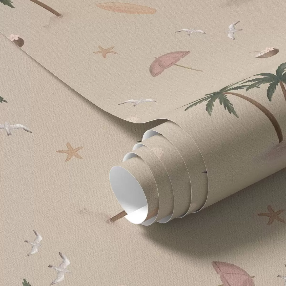 Bakgrunn Tropiske palmer, fugler og rosa parasoller på en beige bakgrunn a01280v2