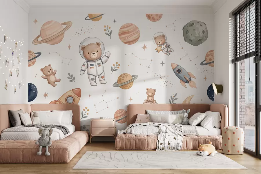 fototapeter Søte teddybjørn-astronauter blant planeter, raketter og stjerner i en myk pastellaktig akvarellstil w10096