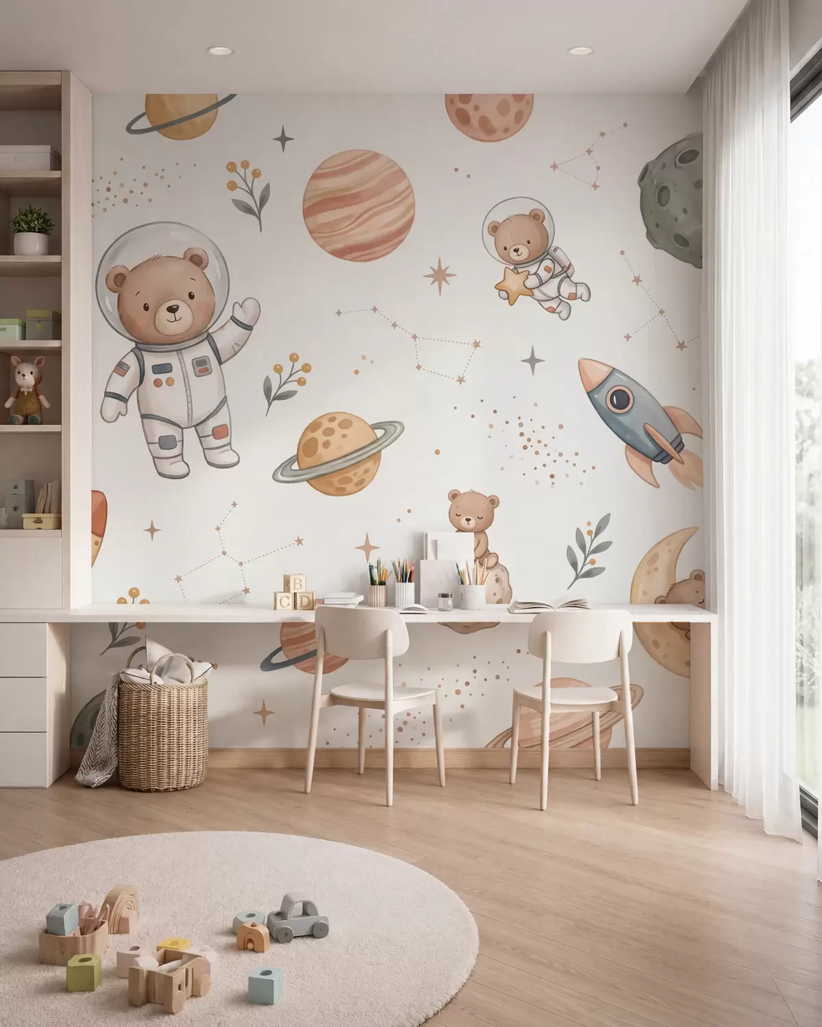 fototapeter Søte teddybjørn-astronauter blant planeter, raketter og stjerner i en myk pastellaktig akvarellstil w10096