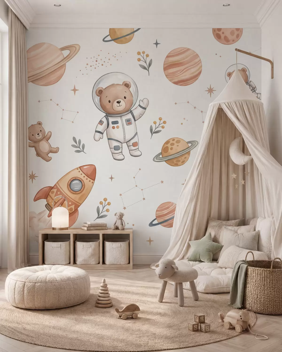 fototapeter Søte teddybjørn-astronauter blant planeter, raketter og stjerner i en myk pastellaktig akvarellstil w10096