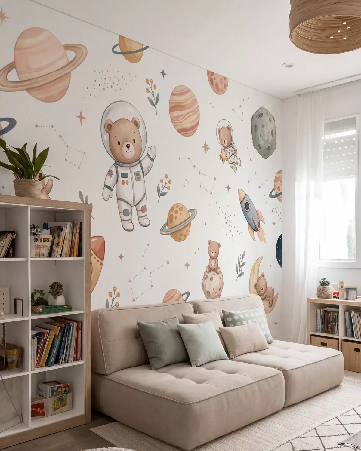 fototapeter Søte teddybjørn-astronauter blant planeter, raketter og stjerner i en myk pastellaktig akvarellstil w10096