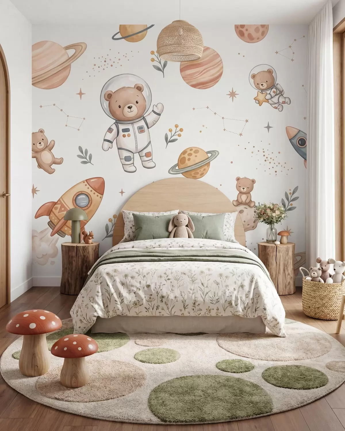 fototapeter Søte teddybjørn-astronauter blant planeter, raketter og stjerner i en myk pastellaktig akvarellstil w10096