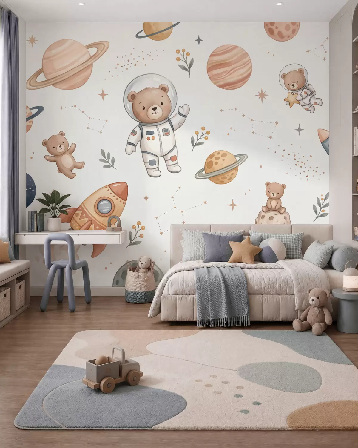 fototapeter Søte teddybjørn-astronauter blant planeter, raketter og stjerner i en myk pastellaktig akvarellstil w10096
