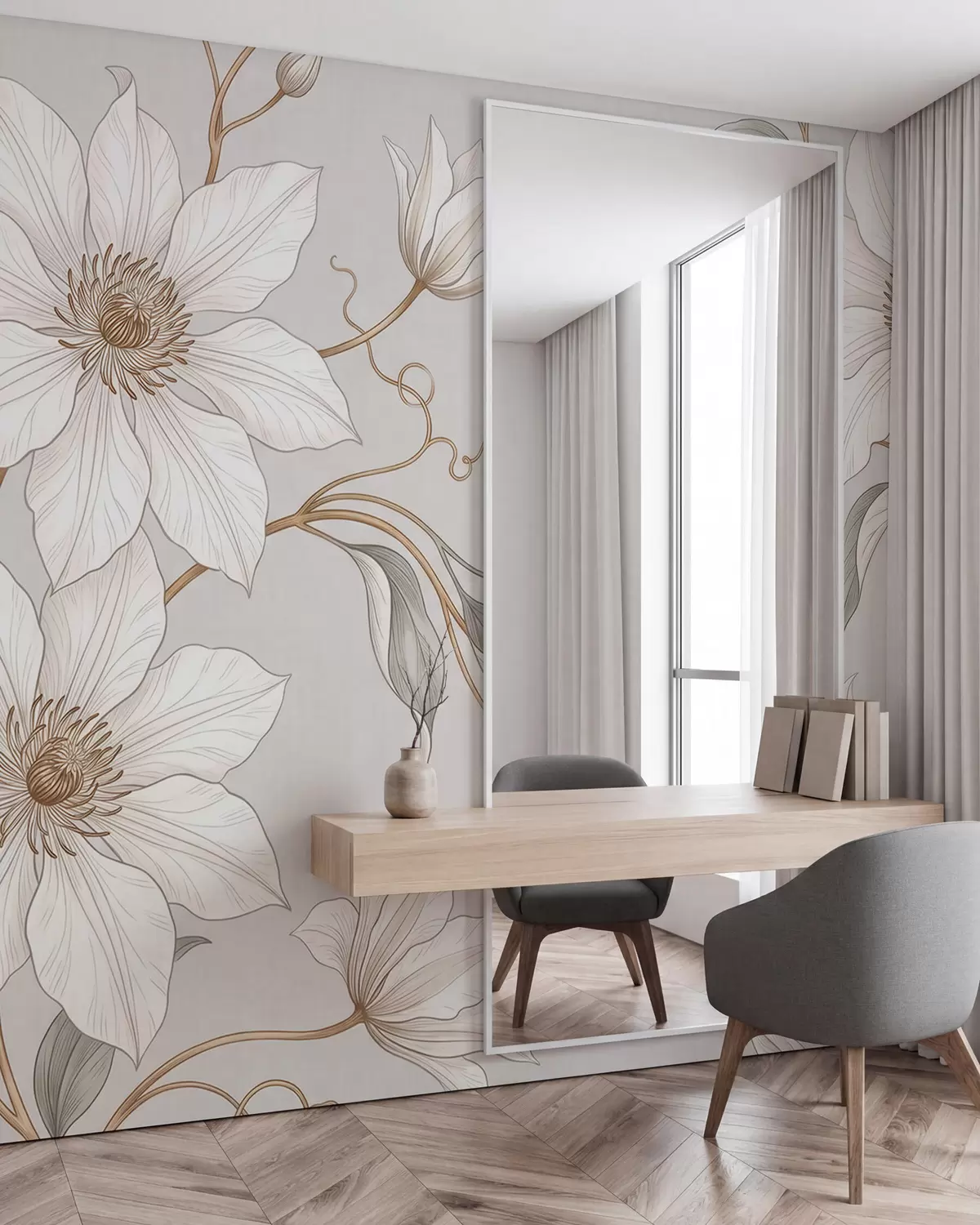 fototapeter Elegante hvite botaniske blomster med spinkle grener w10099