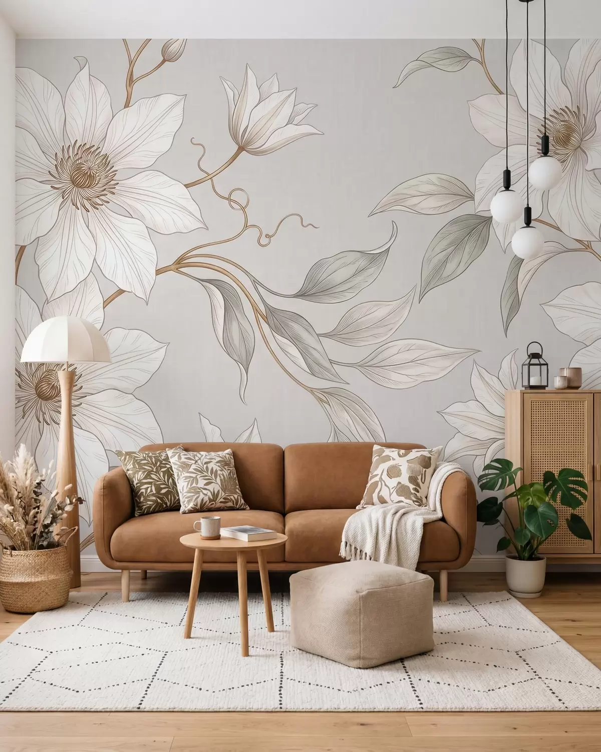 fototapeter Elegante hvite botaniske blomster med spinkle grener w10099