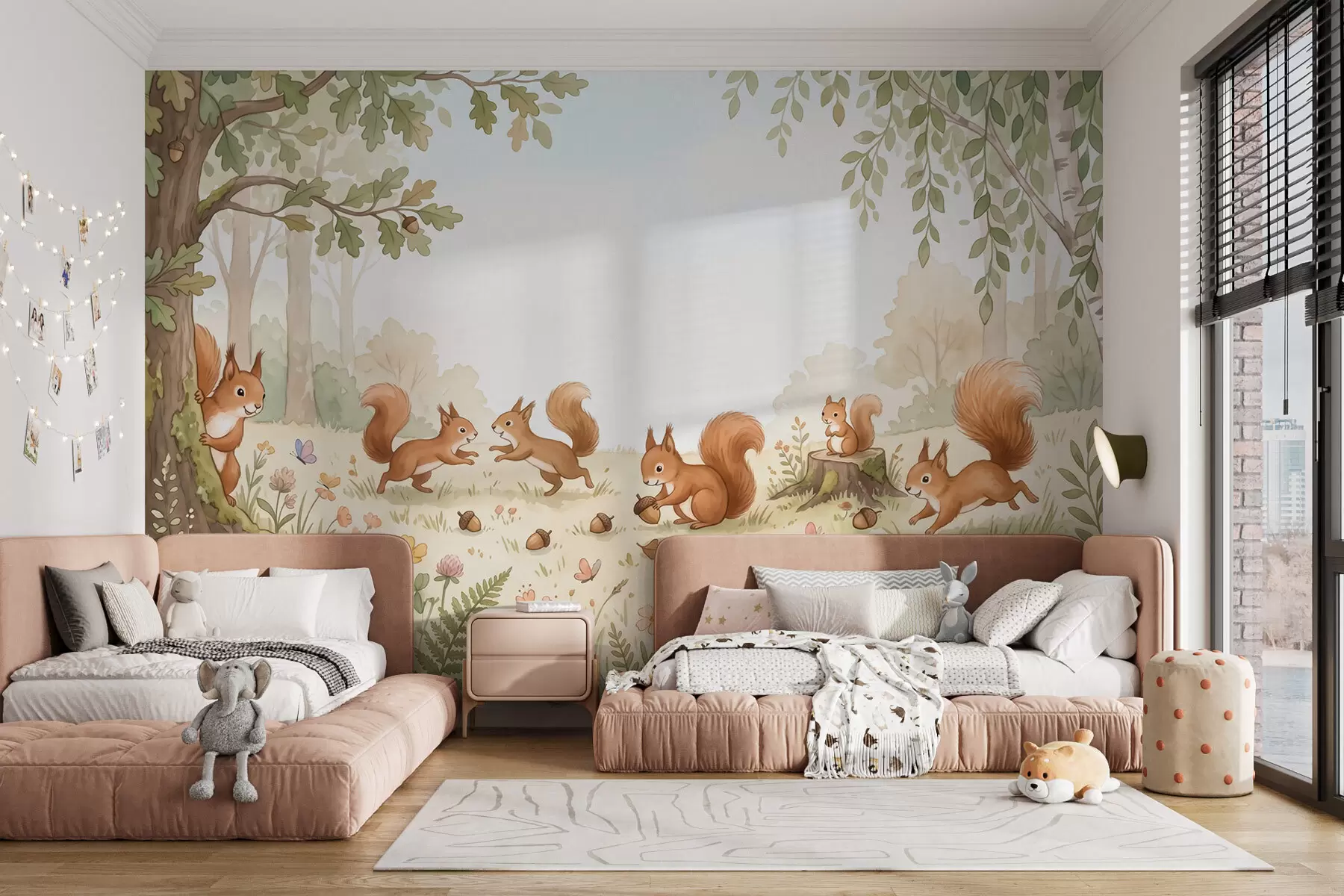 fototapeter Høstskog med myke, røde ekorn, eikenøtter og delikate villblomster i akvarellstil w10102
