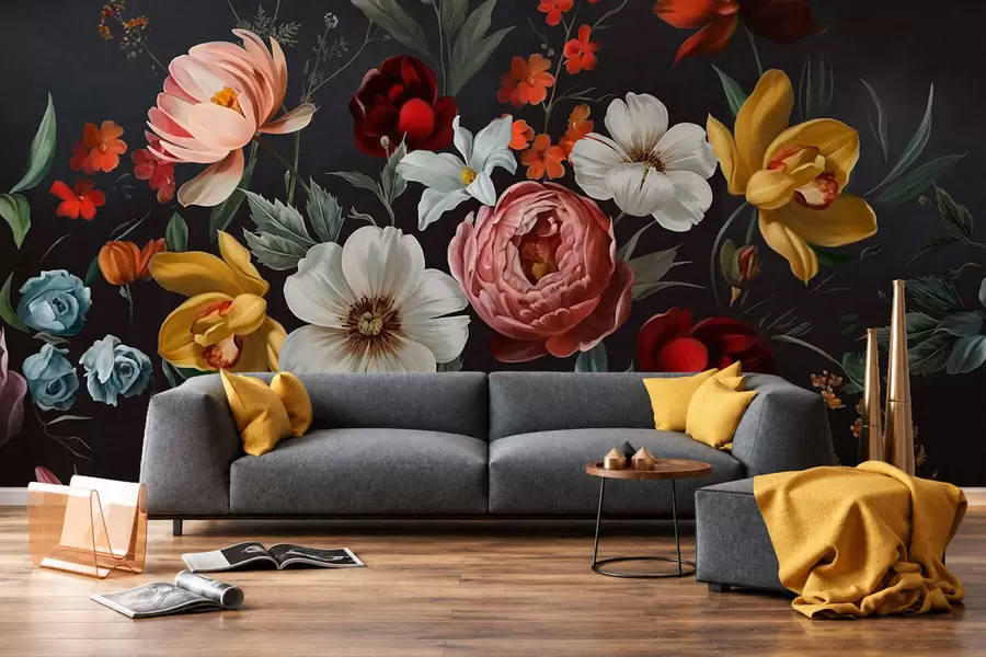 fototapeter Et frodig arrangement av fargerike blomster på mørk bakgrunn w05960