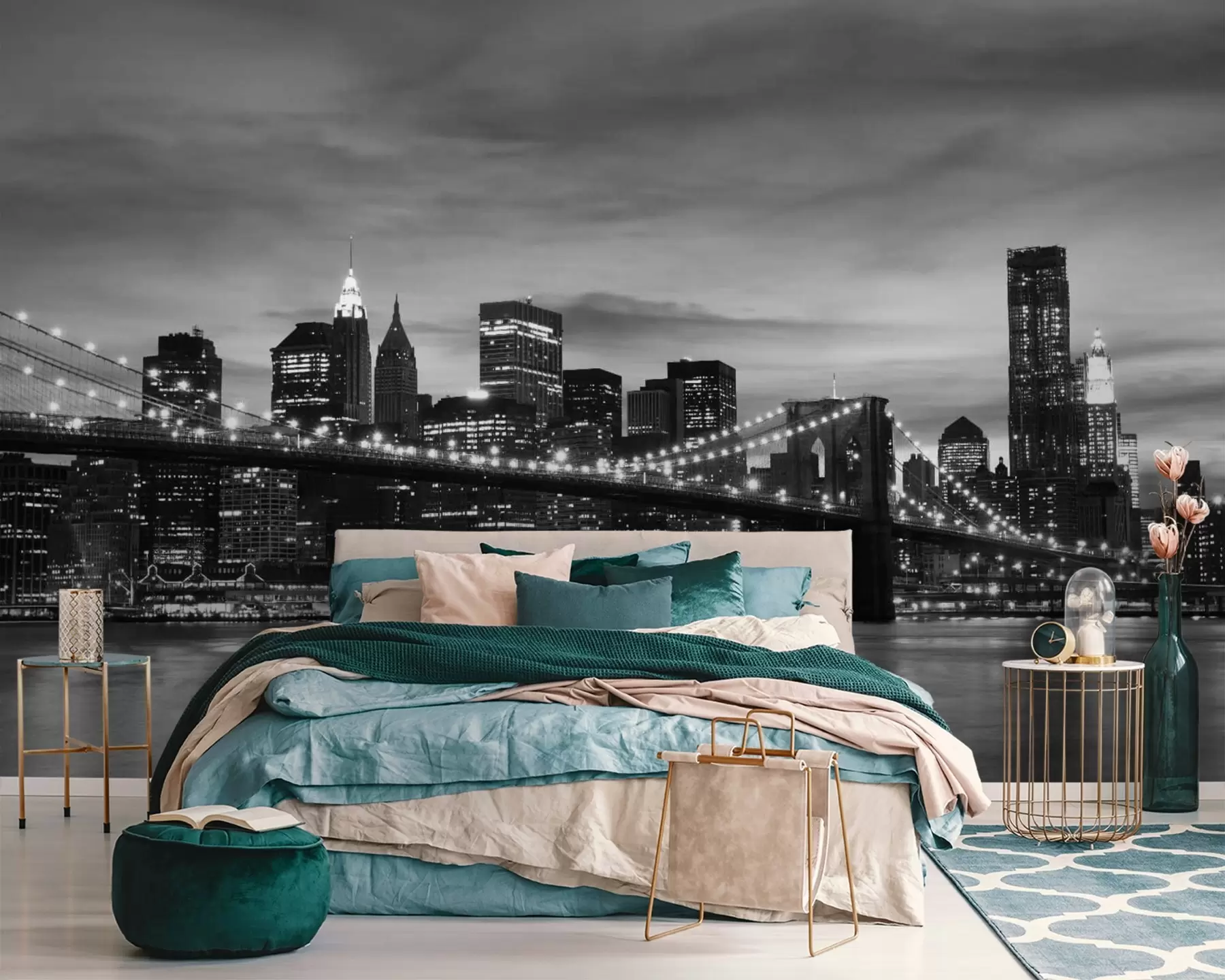 fototapeter Byens skyline i skumring i svart-hvitt u55510