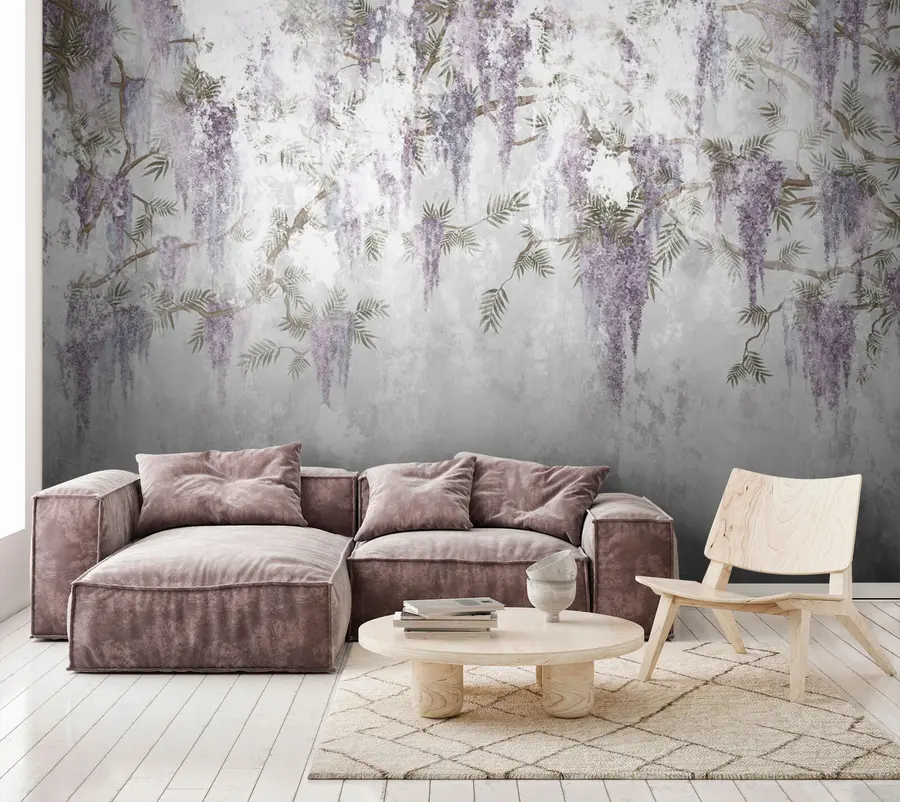 fototapeter Hengende, trendy grunge-grener med lilla blomster u73816
