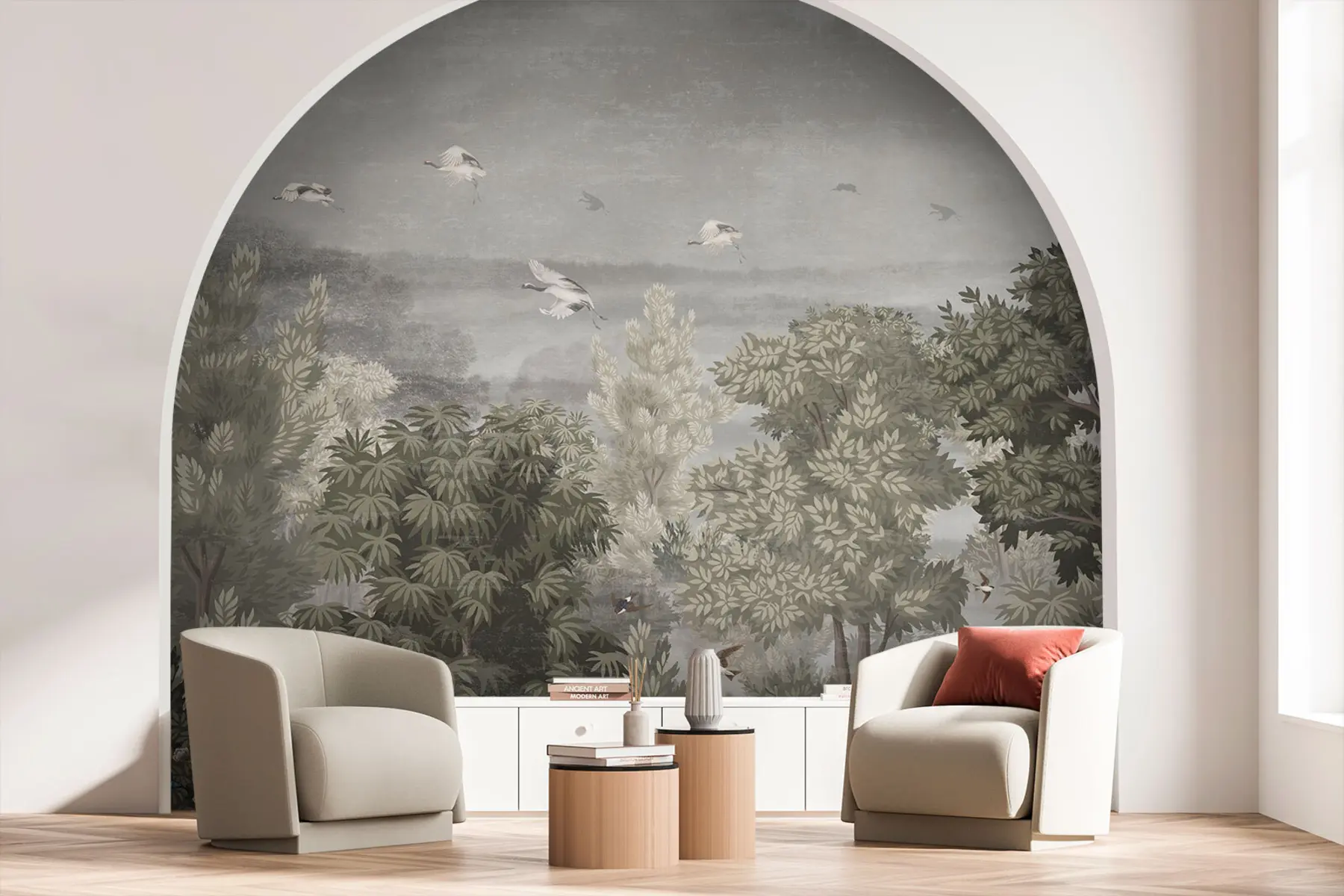 fototapeter Traner flyr over skogen u73553