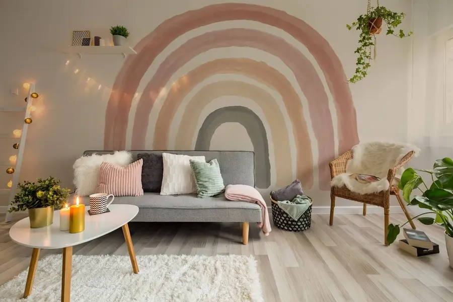 fototapeter Tapet i boho-stil: korallfersken, rosa regnbue. Pastellfarget regnbuevegg i rosa u93566
