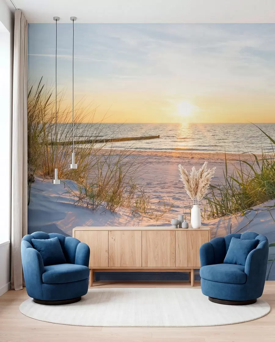 fototapeter Foto/Panoramisk sanddynestrand med solnedgang u93577