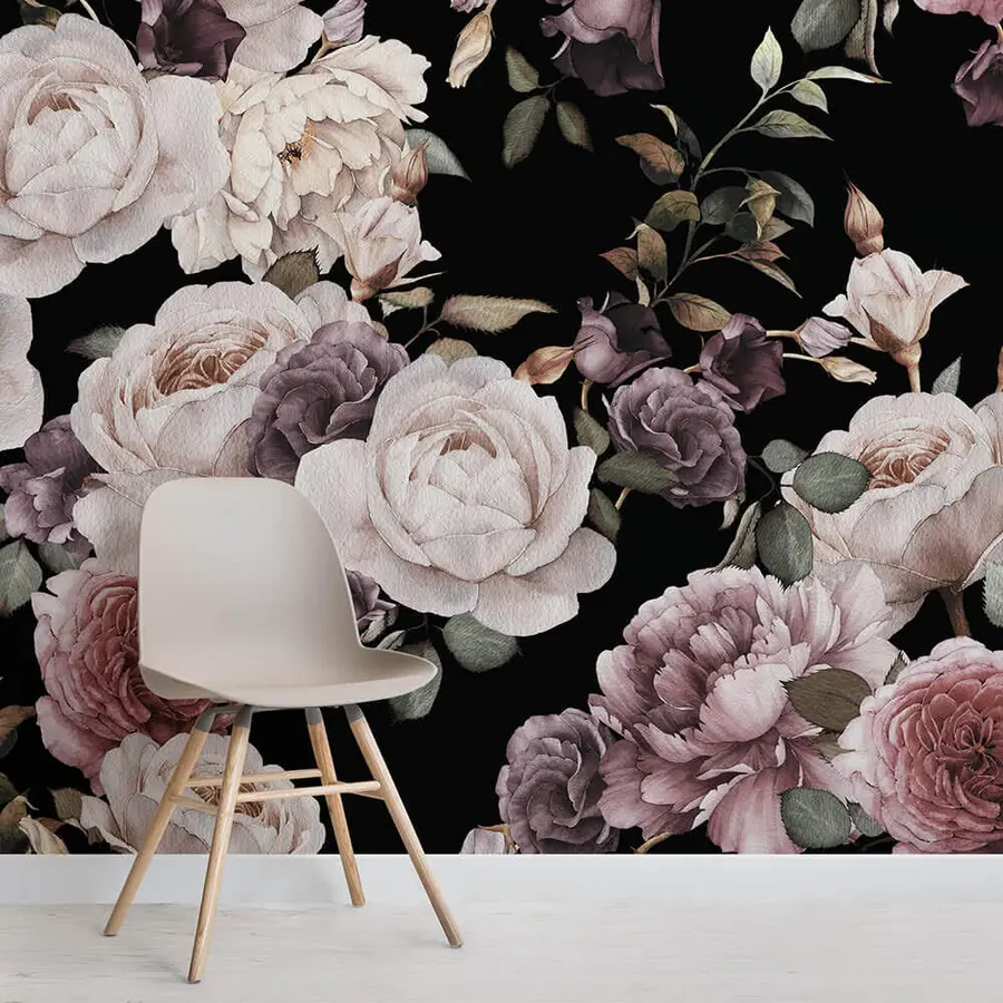fototapeter Rosetapet vintage - blomster i lilla og rosa toner - ideelt for seng og stue u93612