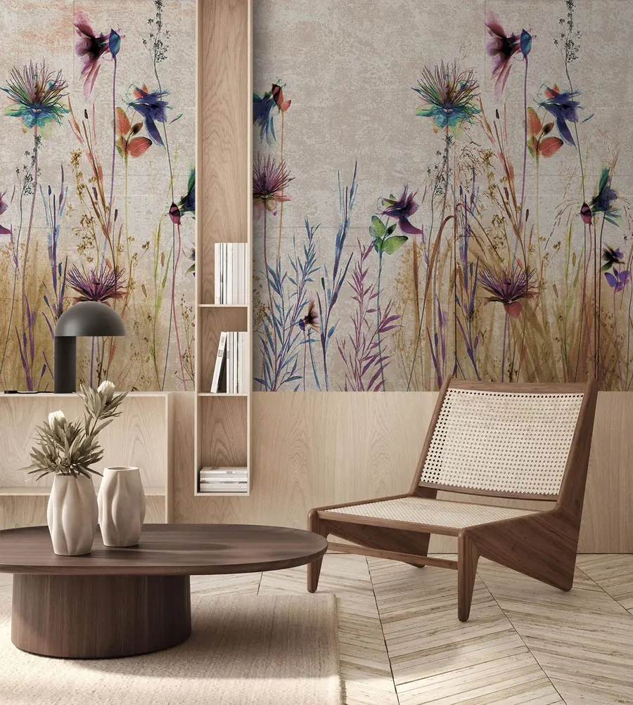 fototapeter Uvanlige høye blomster på beige bakgrunn u93672