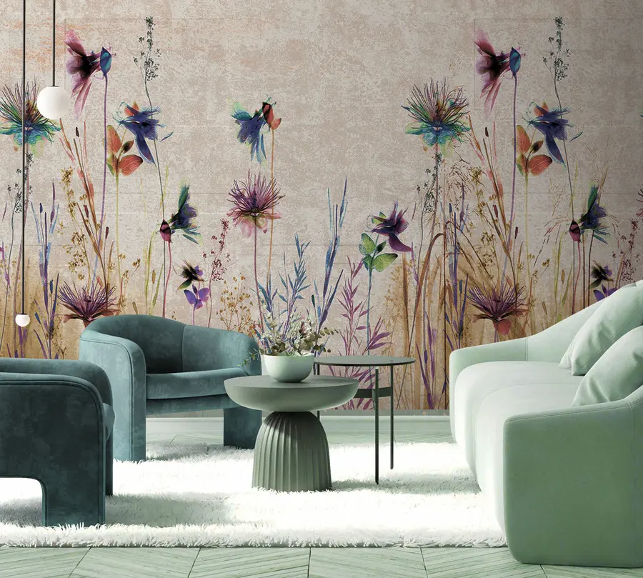 fototapeter Uvanlige høye blomster på beige bakgrunn u93672